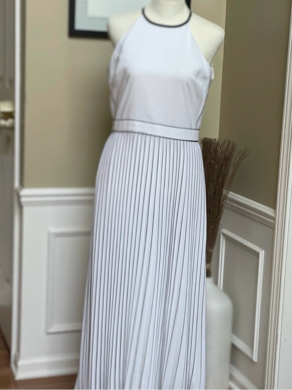 Banana Republic navy and white ~ Pleated Halter Maxi Dress with navy Piping.